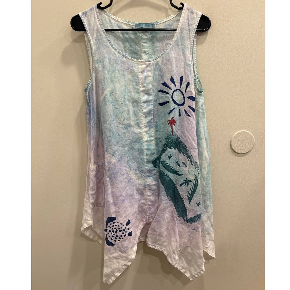 Cut Loose Linen Handkerchief Hem Tunic Mini Dress Blue Hand Painted Tropical S